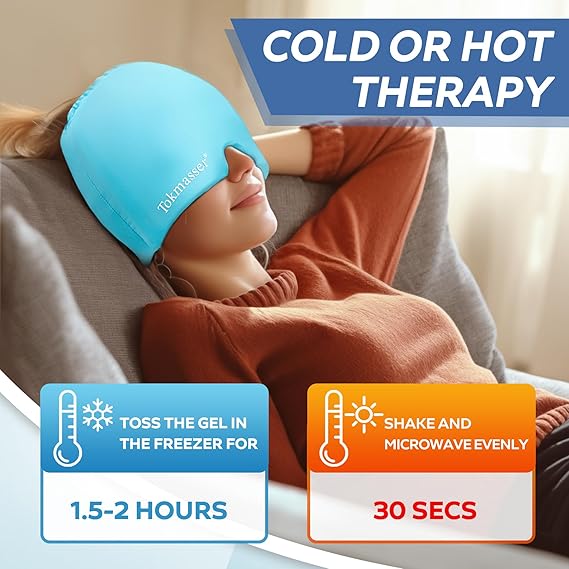 Headache Relief Cap, Gel Ice Head Wrap, Hot and Cold Therapy, Headache Eyes Mask for Sinus, Puffy Eyes, Tension and Stress Relief
