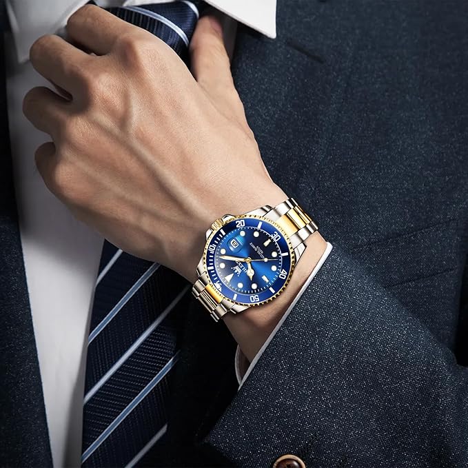 Best Hand Watches, Luxury Gold Silver Tone Date Display Waterproof Luminous Wrist Watch for Men
