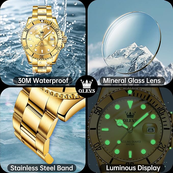 Best Hand Watches, Luxury Gold Silver Tone Date Display Waterproof Luminous Wrist Watch for Men